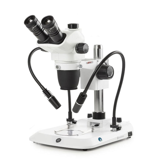 Globe Scientific Euromex NexiusZoom EVO Trinocular Microscope, 0.65x to 5.5x zoom objective, Magnification from 6.5x to 55x with Pillar. 2 Incident LED with Gooseneck & 1 Transmitted 3 W LED Illuminations - Model #ENZ-1703-PG