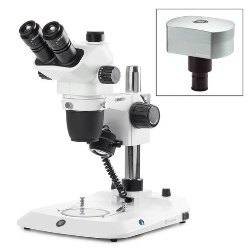 Globe Scientific Euromex NexiusZoom EVO Trinocular Stereo Zoom Microscope, 0.65x to 5.5x zoom objective with Camera, Magnification from 6.5x to 55x with Pillar Stand. Incident & Transmitted 3 W LED Illuminations - Model #ENZ-1703-P-DC18