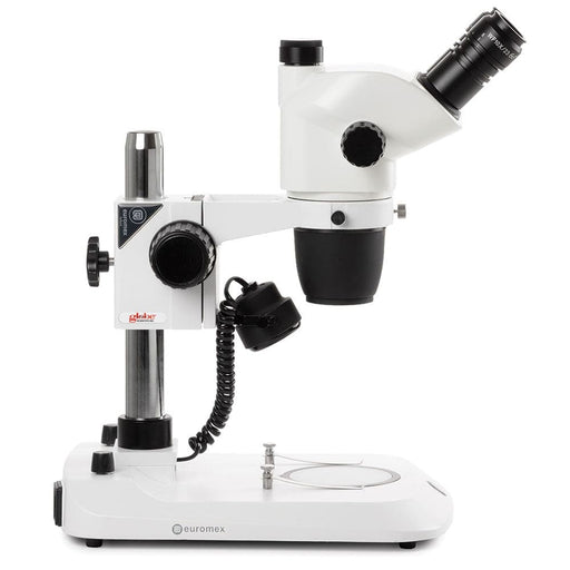 Globe Scientific Euromex NexiusZoom EVO Trinocular Stereo Zoom Microscope, 0.65x to 5.5x zoom objective with Camera, Magnification from 6.5x to 55x with Pillar Stand - Model #ENZ-1703-P-DC18 - Body Side Profile Left