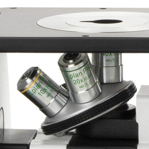 Globe Scientific Euromex Oxion Inverso Inverted Trinocular Microscope with Mech Stage, HWF 10x/22mm Eyepiece, Quin. Nosepiece Plan Phase with Camera - Model #EOX-2053-PLPH-DC18 - Objectives