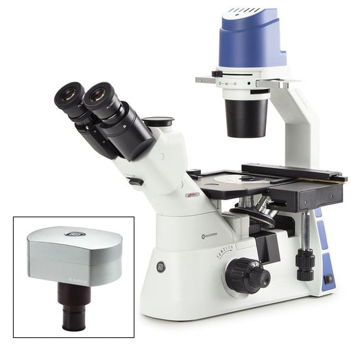 Globe Scientific Euromex Oxion Inverso Inverted Trinocular Microscope with Mech Stage, HWF 10x/22mm Eyepiece, Quin. Nosepiece Plan Phase with Camera - Model #EOX-2053-PLPH-DC18