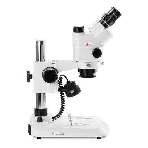 Globe Scientific Euromex StereoBlue Trinocular Stereo Zoom Microscope in Pillar Stand, 0.7x To 4.5x Zoom Objective with Camera - Model #ESB-1903-P-DC18 - Body Side Profile Left
