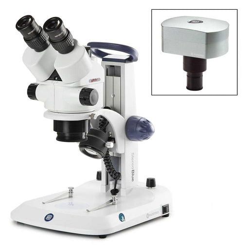 Globe Scientific Euromex StereoBlue Trinocular Stereo Zoom Microscope in Rack and Pinion Stand, 0.7x To 4.5x Zoom Objective with Camera - Model #ESB-1903-DC18