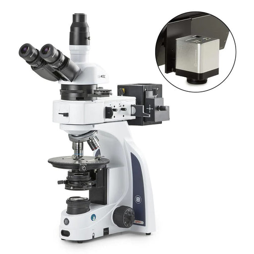 Globe Scientific Euromex iScope Trinocular Microscope with EWF 10x/20mm Eyepiece, Quintuple Nosepiece Plan PLPOLRI plus Mini-Camera with 13-inch HD Screen - Model #EIS-1053-PLPOLRI-HDS