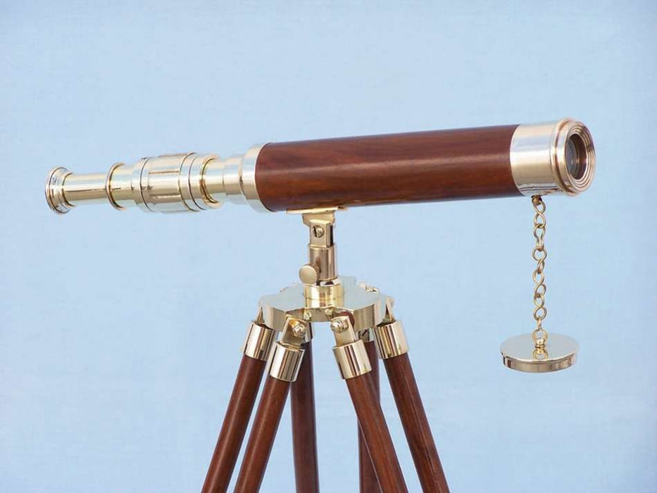 Hampton Nautical 30-Inch Floor Standing Harbor Master Brass/Wood Telescope Body Side Profile Right