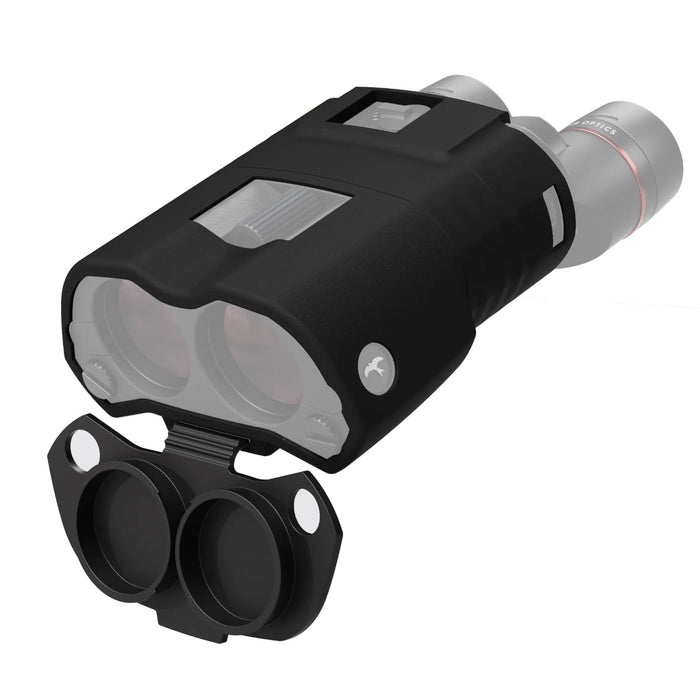 Kite Optics APC 42 ED Full Black Silicon Binocular Jacket - Angled Front View Showing The Full Black Silicon Jacket Fitted On APC 42 ED Binoculars With Open Objective Lens Covers