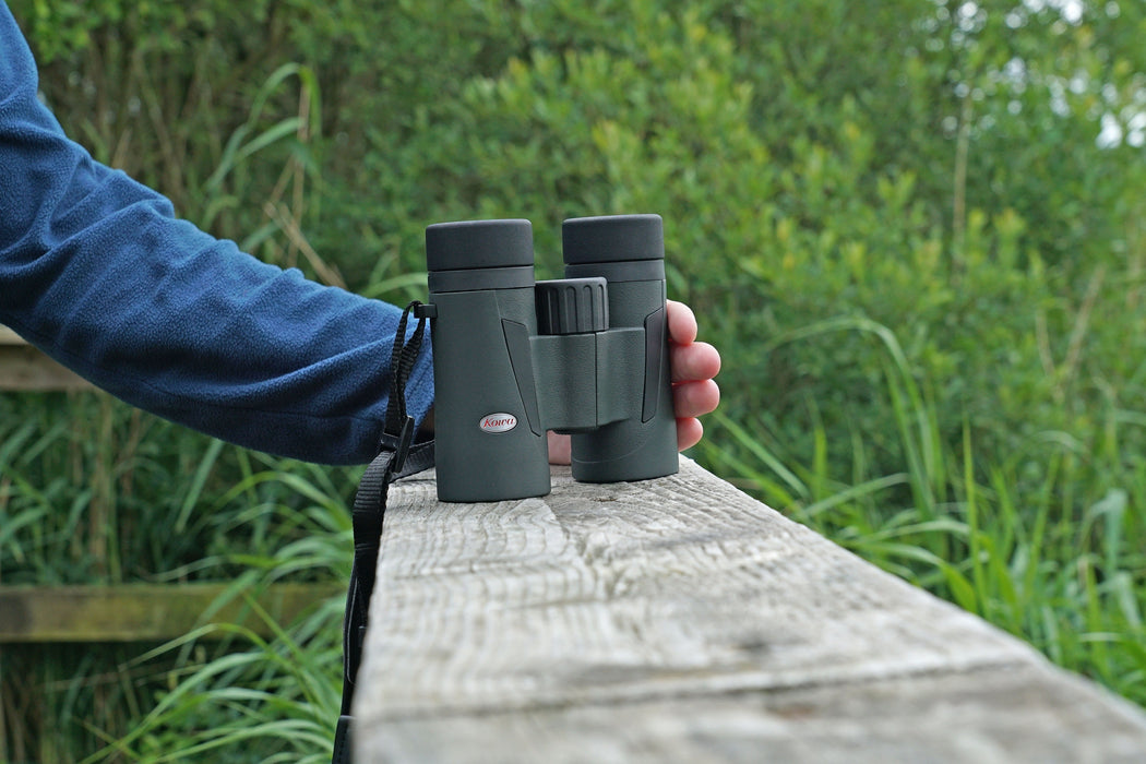 Kowa BD III-XD 6.5x32mm Binocular - Lifestyle Photo Outdoor on Top of a Wood