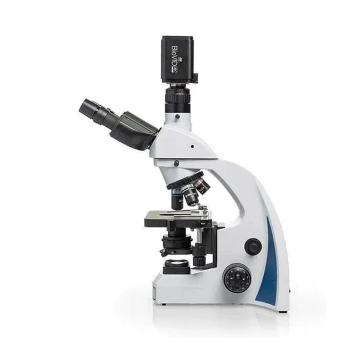 LW Scientific BioVID 4K 8MP Ultra HD Microscope Camera in i4 Infinity Plan Trinocular Microscope Body Side Profile