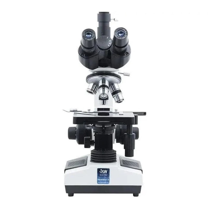 LW Scientific Revelation III DIN - 4 Objective Microscope - Trinocular Body Front View Profile