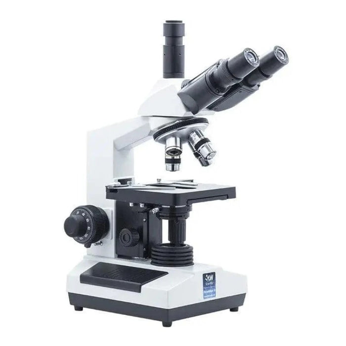 LW Scientific Revelation III DIN - 4 Objective Microscope -  Trinocular Body Side Angle View Profile