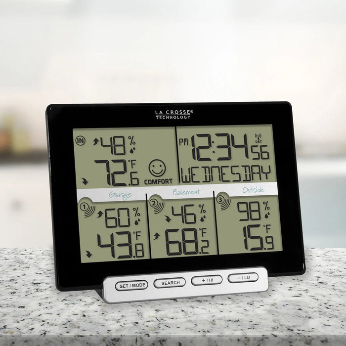 La Crosse Technology 308-1412-3TX Weather Station with Time, Date, Indoor Temperature and Humidity and 3 Outdoor Sensors Body LCD Display