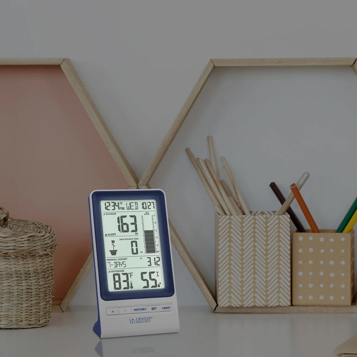 La Crosse Technology 724-1415BL-INT Digital Rain Gauge Lifestyle Photo Indoors Night