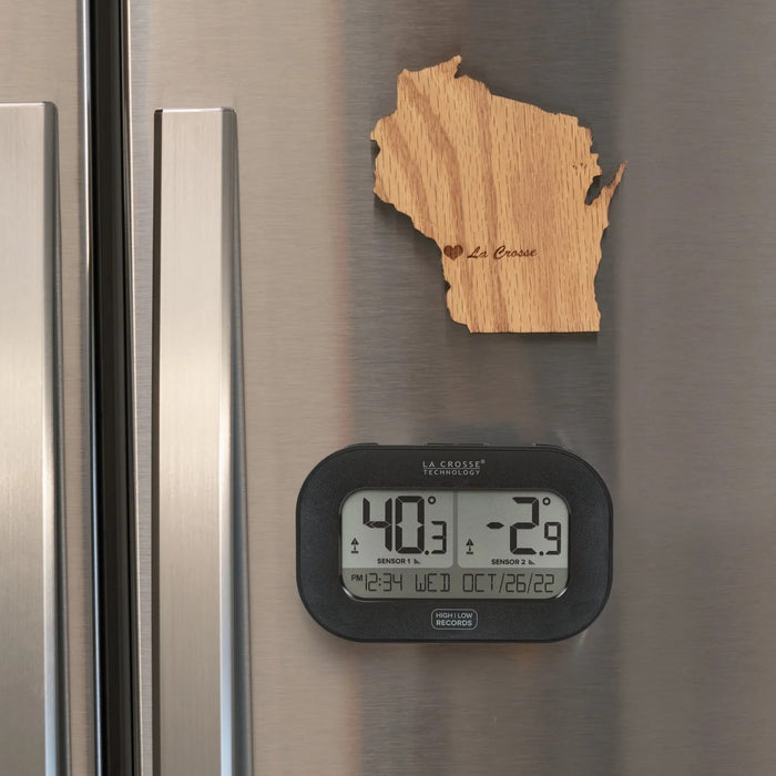 La Crosse Technology Dual Temperature Station with Magnetic Back Attached on Refrigerator