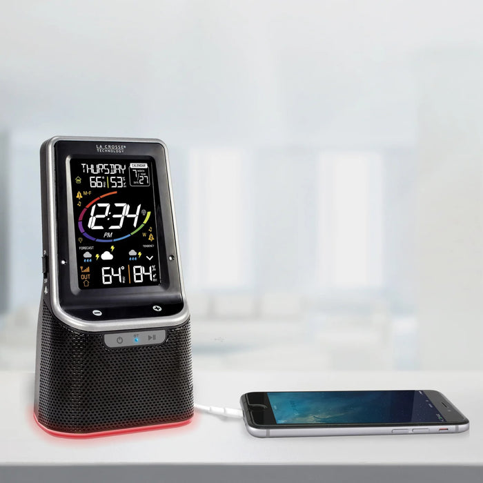 La Crosse Technology S87078 Wireless Weather Station with Bluetooth Speaker, Atomic Time and Date Connected to a Phone