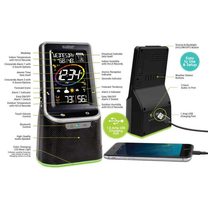 La Crosse Technology S87078 Wireless Weather Station with Bluetooth Speaker, Atomic Time and Date Features