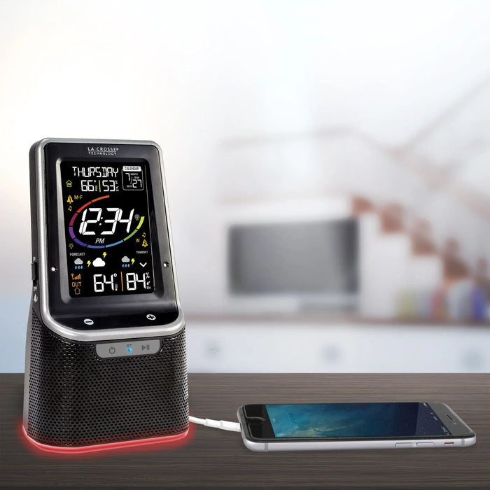 La Crosse Technology S87078 Wireless Weather Station with Bluetooth Speaker, Atomic Time and Date Lifestyle Photo Indoors