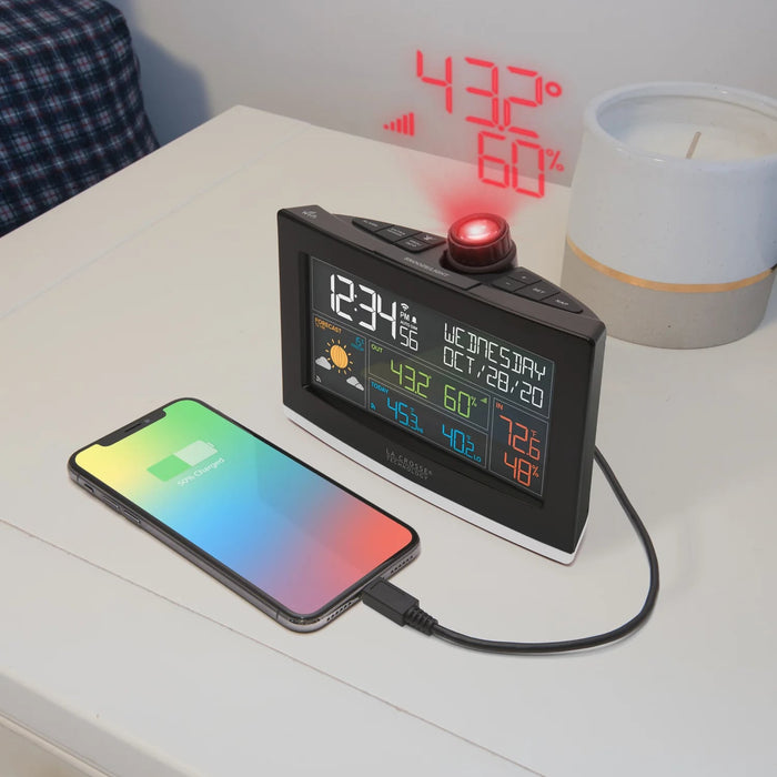 La Crosse Technology VA1-TH Wi-Fi Projection Alarm Clock with Outdoor Temp and Humidity Connected to a Phone