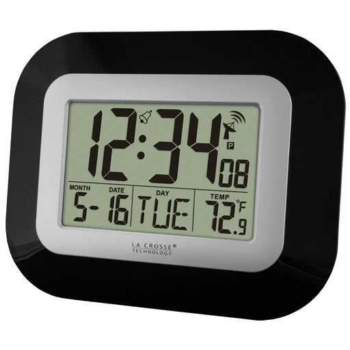 La Crosse Technology WT-8005U-B-INT Atomic Digital Wall Clock with Indoor Temperature and Date Body Side Profile Left