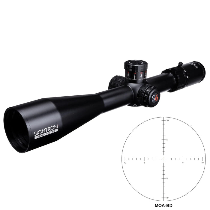 Sightron S6 10-60x56mm ED MOA-BD Bench Rest Riflescope - Angled Riflescope Product View with MOA-BD Reticle Illustration
