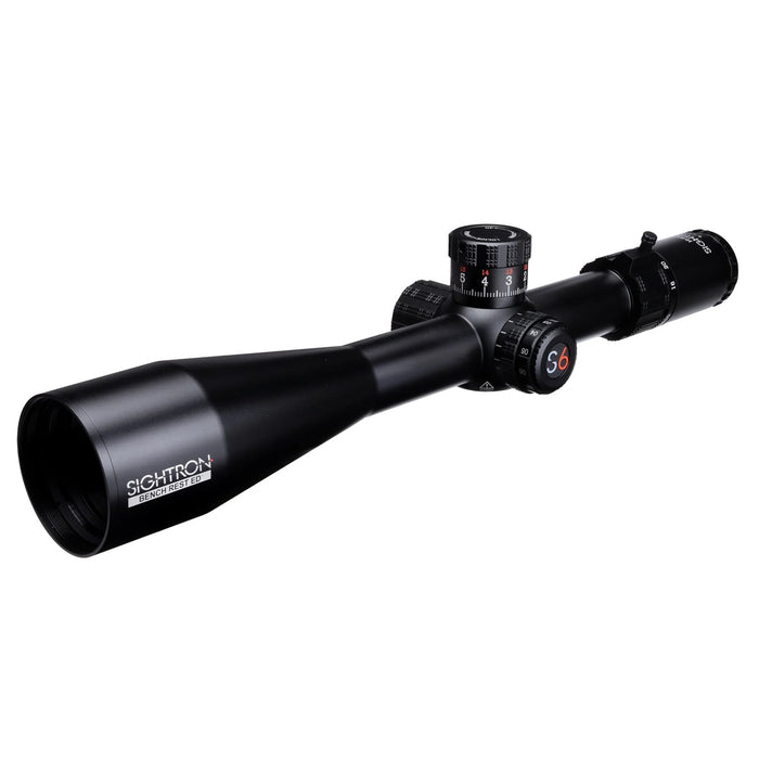 Sightron S6 10-60x56mm ED MOA-BD Bench Rest Riflescope - Black Riflescope with 56mm Objective Lens and Precision Adjustment Turrets, Angled View