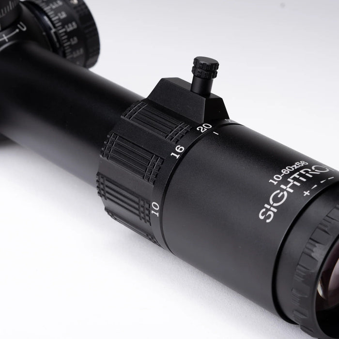 Sightron S6 10-60x56mm ED MOA-BD Bench Rest Riflescope - Close-Up of Magnification Adjustment Ring and Rear Ocular Housing