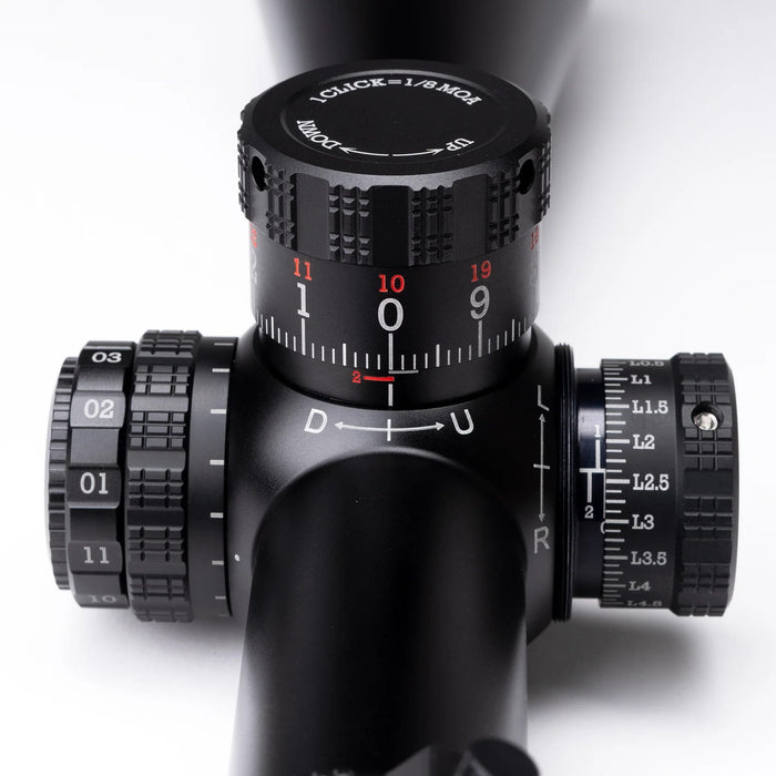 Sightron S6 10-60x56mm ED MOA-BD Bench Rest Riflescope - Close-Up of Precision Adjustment Turrets with Engraved MOA Markings