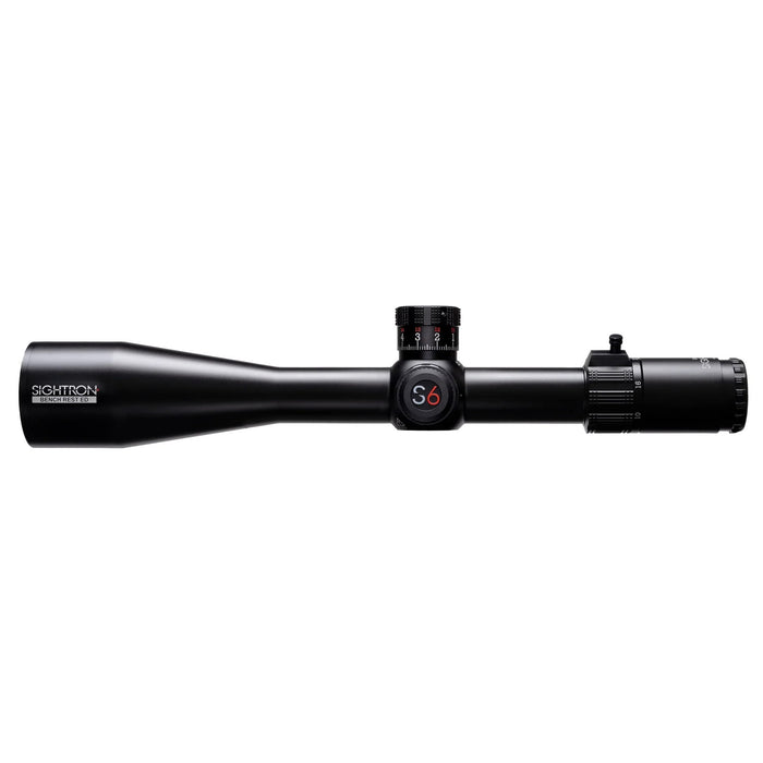 Sightron S6 10-60x56mm ED MOA-BD Bench Rest Riflescope - Full-Length Side Profile of Black Bench Rest Riflescope with Adjustment Turrets