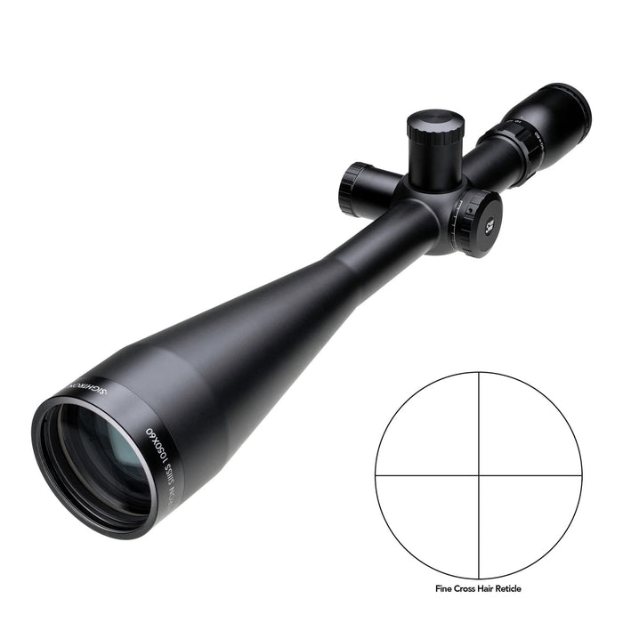 Sightron SIII 10-50x60mm SFP FCH Long Range Riflescope - Angled Product View Showing The 60mm Objective Lens, Target Adjustment Turrets, And Fine Cross Hair Reticle Diagram Inset