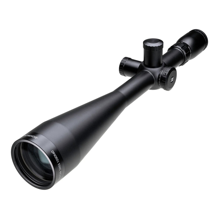 Sightron SIII 10-50x60mm SFP TD .1 MOA Long Range Riflescope - Angled Front View Showing The 60mm Objective Lens, Matte Black Riflescope Body, And Central Adjustment Turrets