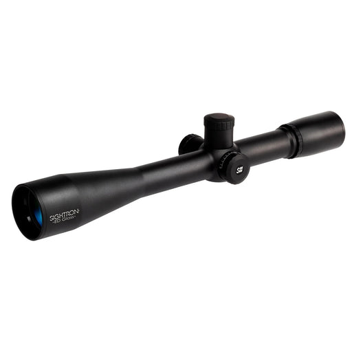 Sightron SIII 45x45mm ED FCH Competition Riflescope - Angled Three-Quarter View Showing The Matte Black Riflescope, 45mm Objective Lens, And Target Adjustment Turrets