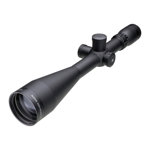 Sightron SIII 8-32x56mm SFP MOA-2 Long Range Riflescope - Angled Front View Showing The 56mm Objective Lens, Matte Black Scope Body, And Central Adjustment Turrets