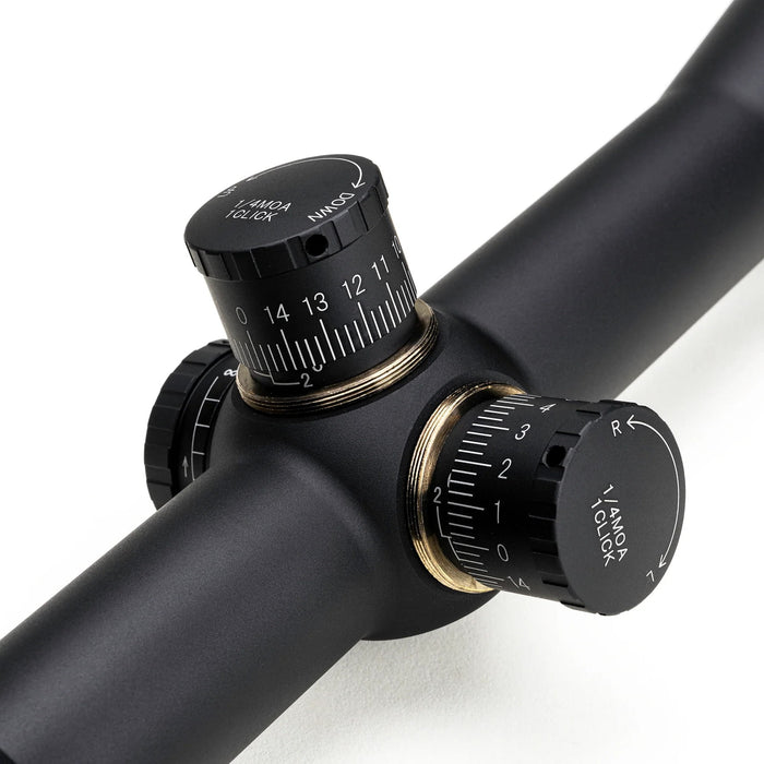 Sightron SIII 8-32x56mm SFP MOA-2 Long Range Riflescope - Close-Up Of The Windage And Elevation Tactical Turrets Showing Graduated Adjustment Markings And Scope Body Details