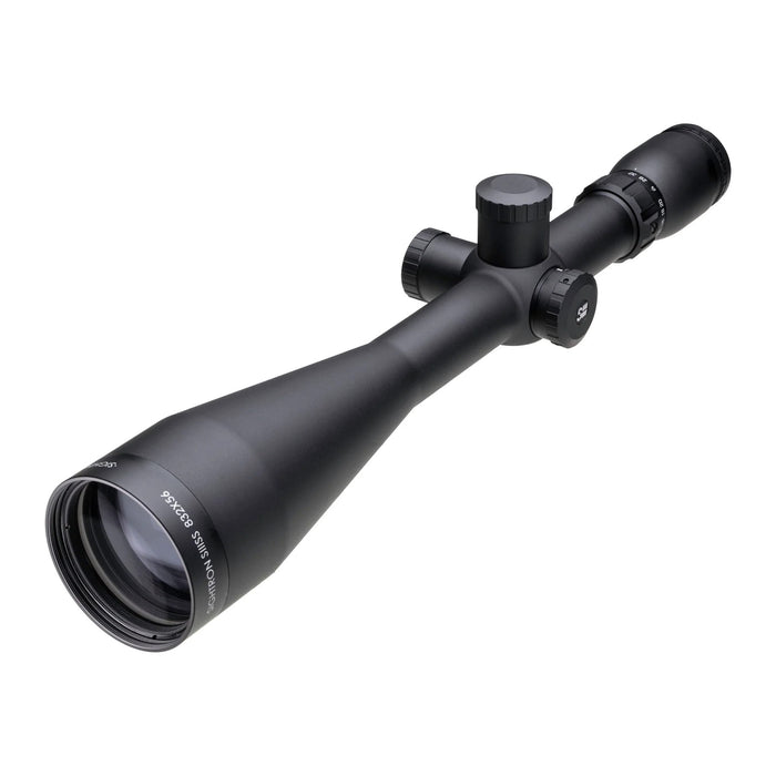 Sightron SIII 8-32x56mm SFP TD .125 MOA Long Range Riflescope - Angled Front View Showing The 56mm Objective Lens, Matte Black Riflescope Body, And Central Adjustment Turrets