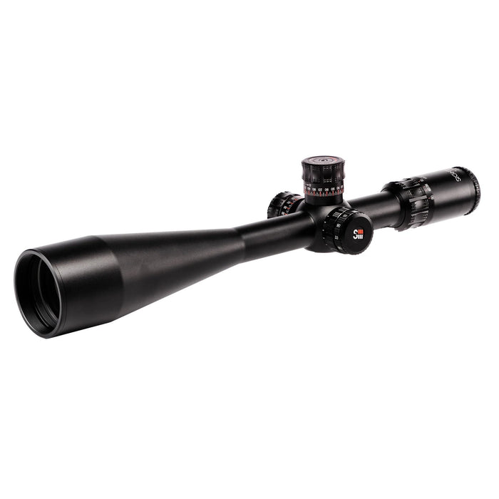 Sightron SIII PLR 10-50x60mm IR MOA-2 Zero Stop Riflescope - Angled Full-Length Product View Showing Black 10-50x60mm Riflescope, 60mm Objective Lens, Tactical Turrets and Eyepiece