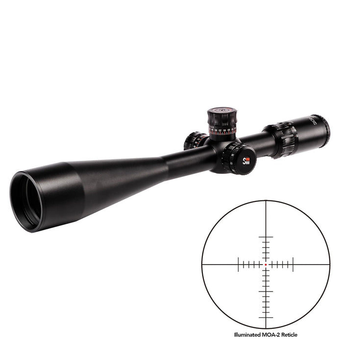 Sightron SIII PLR 10-50x60mm IR MOA-2 Zero Stop Riflescope - Angled Full-Length Riflescope Product View with Illuminated MOA-2 Reticle Diagram Inset