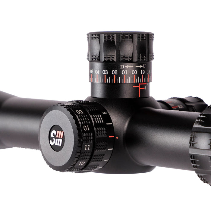 Sightron SIII PLR 10-50x60mm IR MOA-2 Zero Stop Riflescope - Close-Up of Side Focus Dial with Sightron Logo, Elevation Turret and Engraved Adjustment Markings