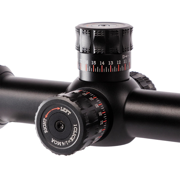 Sightron SIII PLR 10-50x60mm IR MOA-2 Zero Stop Riflescope - Close-Up of Tactical Elevation Turret and Side Adjustment Dial with Red and White Engraved Markings