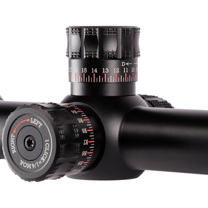Sightron SIII PLR 6-24x50mm IR MH-5 Zero Stop Riflescope - Close-Up of Elevation and Windage Adjustment Turrets with Red and White Engraved Markings