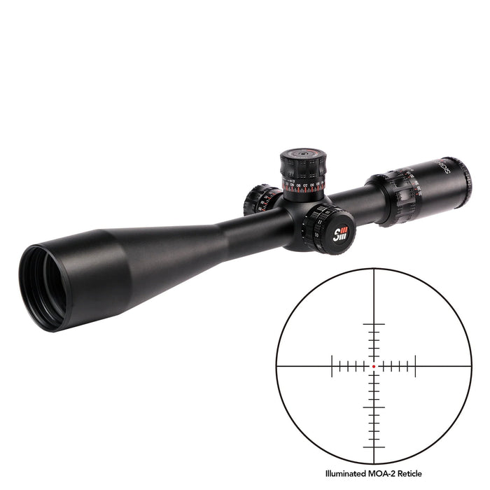 Sightron SIII PLR 8-32x56mm IR MOA-2 Zero Stop Riflescope - Angled Full-Length Riflescope Product View with Circular MOA-2 Reticle Diagram Inset