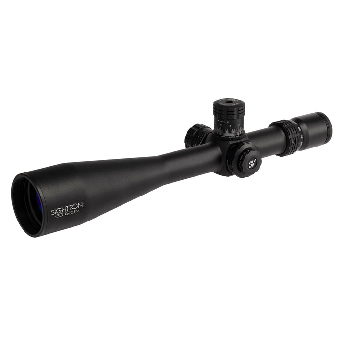 Sightron SV 10-50x60mm ED TD 0.1 MOA Zero Stop Riflescope - Angled Product View Showing the Objective Lens, Main Tube and Precision Adjustment Turrets