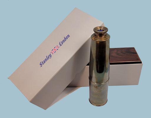 Stanley London Engravable 29-Inch Premium Antique Brass Spyglass Telescope and Rosewood Storage Box