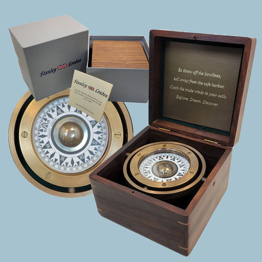 Stanley London Engravable Antique Nautical Brass Gimbaled Compass In Wooden Box