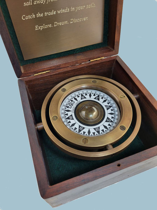 Stanley London Engravable Antique Nautical Brass Gimbaled Compass In Wooden Box Body