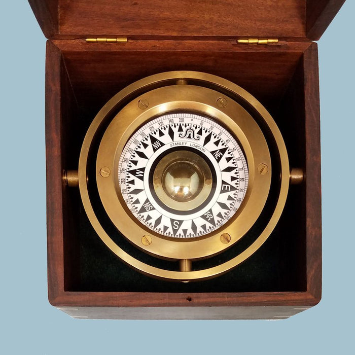 Stanley London Engravable Antique Nautical Brass Gimbaled Compass In Wooden Box Body Top View Profile