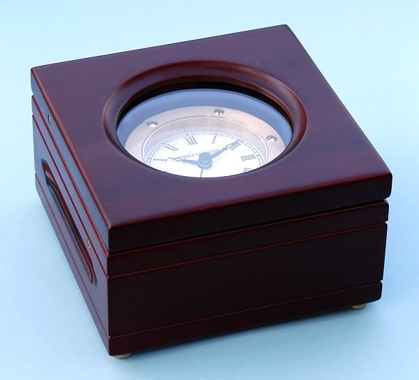 Stanley London Engravable Boxed Quartz Clock Satin Finish Mahogany Case Body Side Profile Left