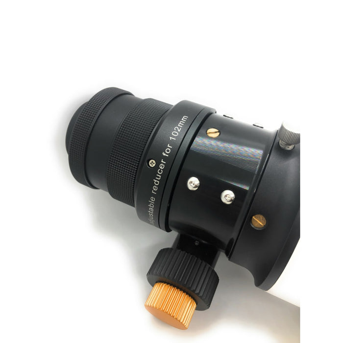 Starfield Adjustable 2.5" Reducer for 102mm to 155mm Telescopes - SF-FFRA-08-L Attached to Telescope