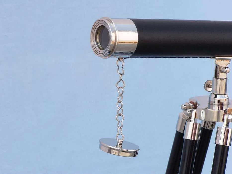 Hampton Nautical 30-Inch Floor Standing Harbormaster Chrome - Leather Telescope Objective Lens and Cap