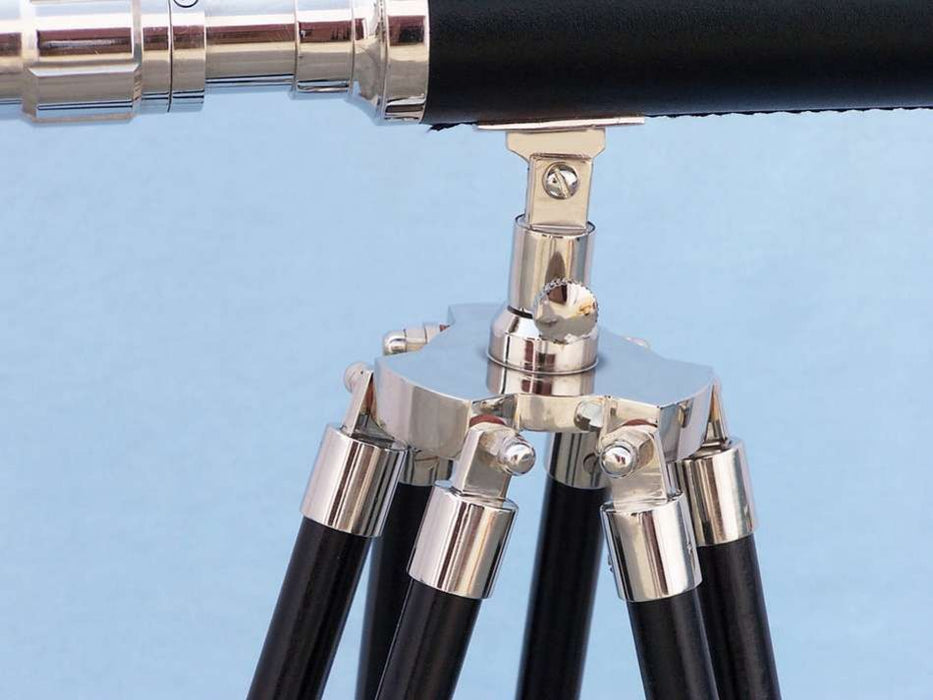 Hampton Nautical 30-Inch Floor Standing Harbormaster Chrome - Leather Telescope Tripod Base and Knob