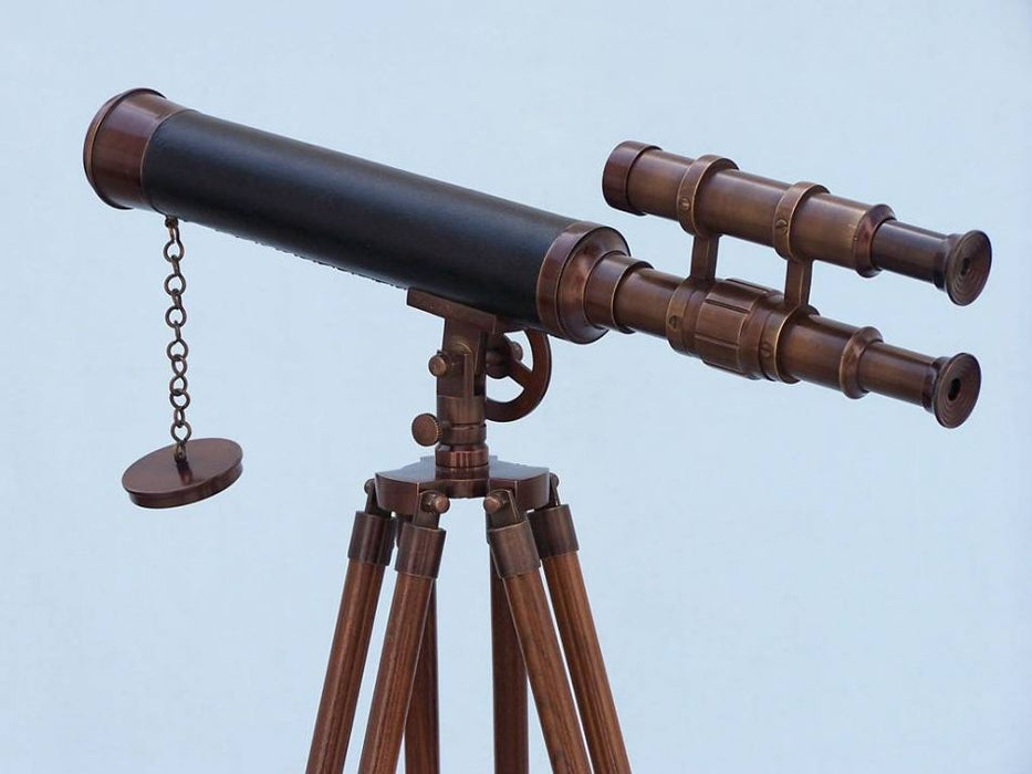 Hampton Nautical 50-Inch Floor Standing Antique Copper with Leather Griffith Astro Telescope Rear Body Eyepiece and Viewfinder Side Profile Left