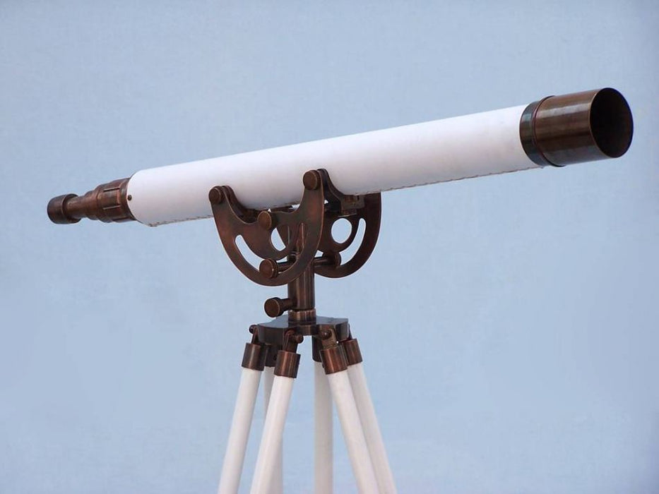 Hampton Nautical 50-Inch Floor Standing Antique Copper with White Leather Anchormaster Telescope Body on Tripod Right Profile
